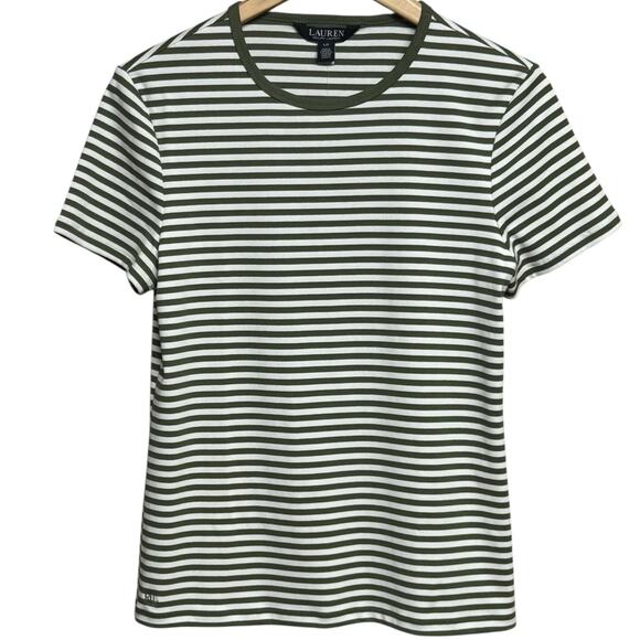 Lauren Ralph Lauren Striped Stretch Cotton Crewneck Tee Olive and White Large - Picture 3 of 6